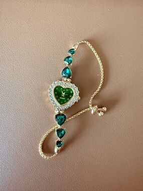 Gold-Tone Heart Bracelet Watch with Green Gem Accents